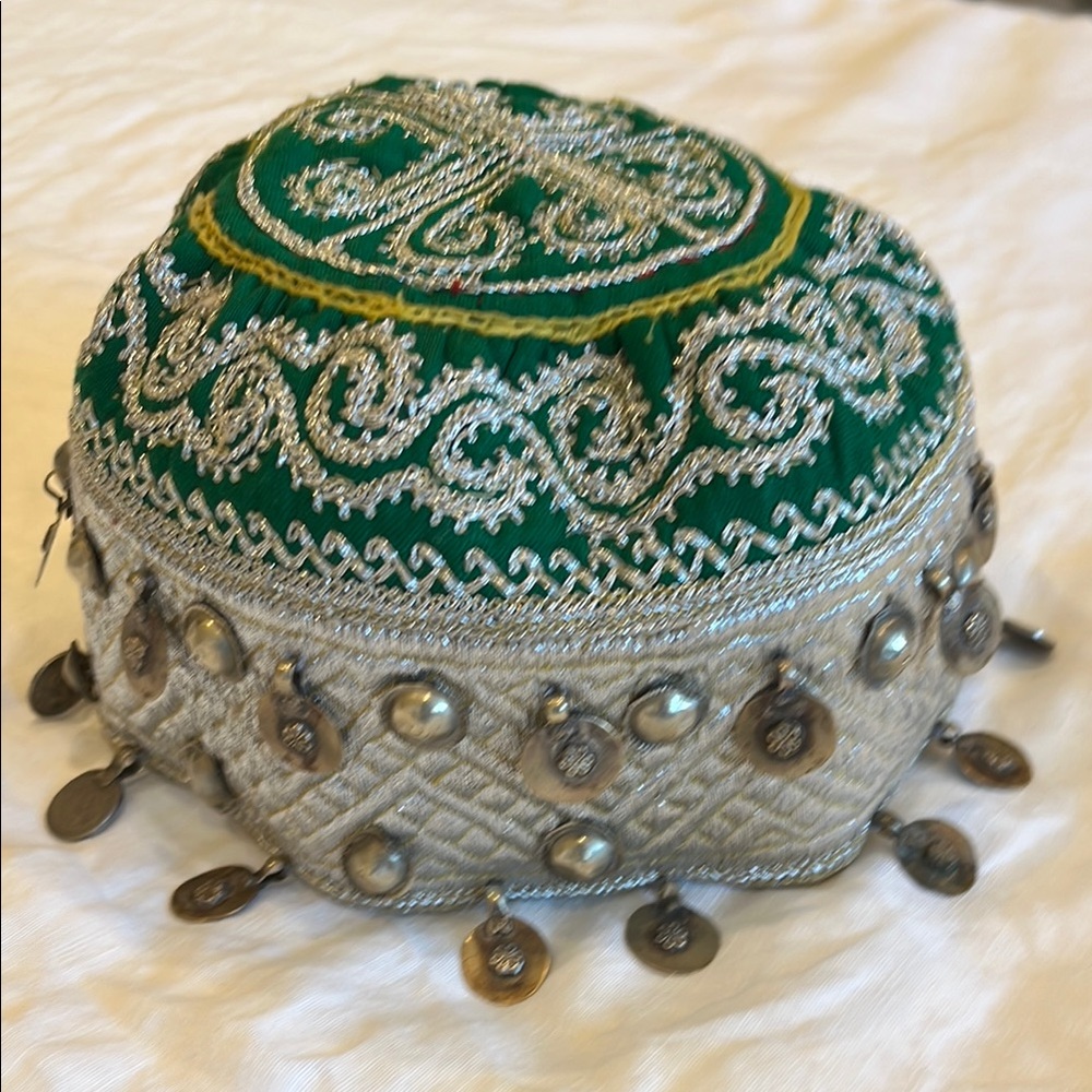 Embroidered Green and Silver Women's vintage Bokhara hat